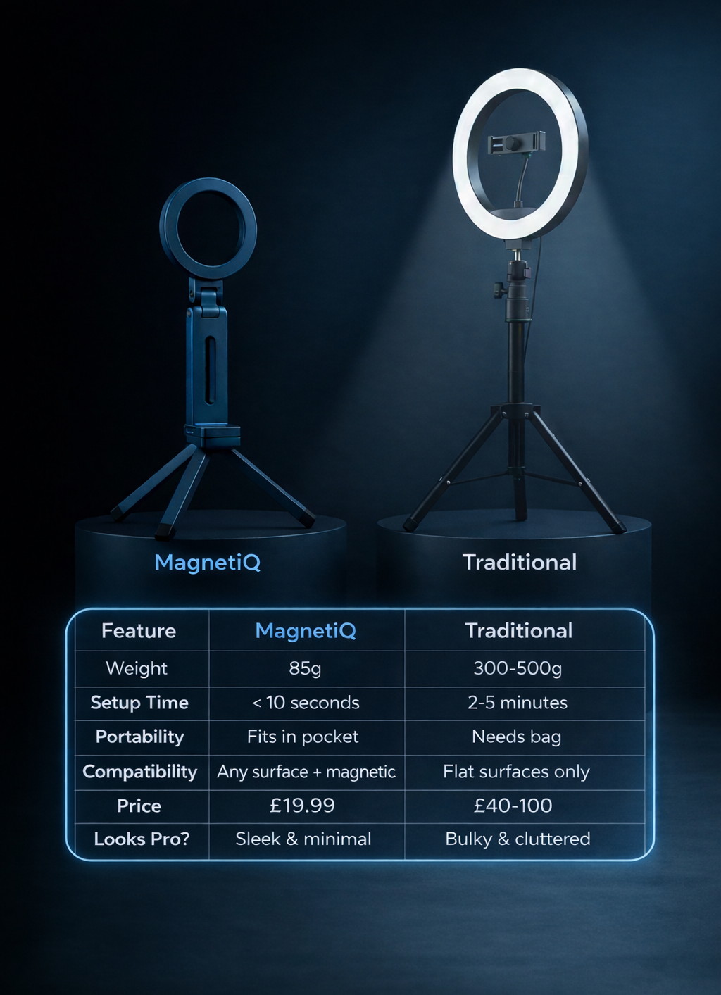 Comparison of MagnetIQ and traditional ring lights with features listed on a dark background.
